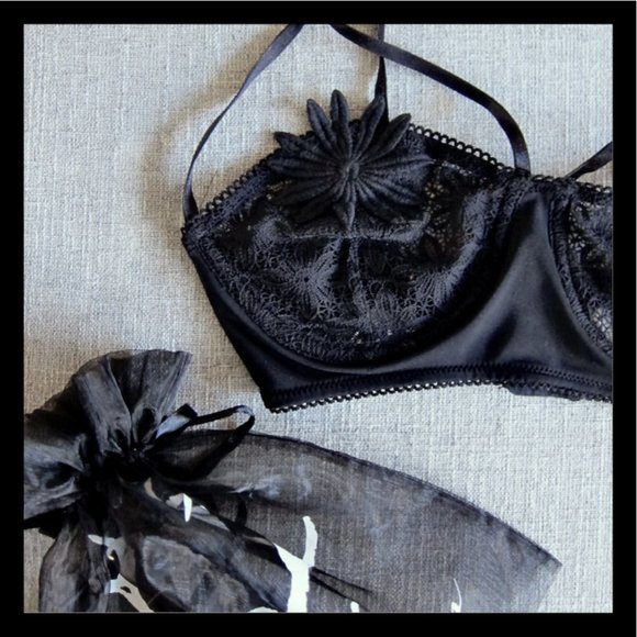 For Love and Lemons SKIVVIES Flower Half Cup Sexy Black Underwire Bra Small - Picture 1 of 9